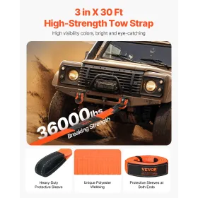 VEVOR Heavy Duty Tow Strap Recovery Kit 76.2 mm x 9.1 m (MBS-16329 kg) Tree Saver Winch Strap, Triple Reinforced Loop & Protecti