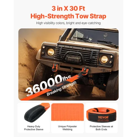 VEVOR Heavy Duty trækrem Recovery Kit 76,2 mm x 9,1 m (MBS-16329 kg) Tree Saver spilstrop, tredobbelt forstærket løkke &