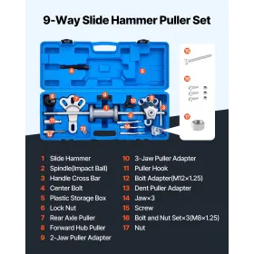 VEVOR 9-Way Slide Hammer Puller Set, 15PCS Front Wheel Hub Bearing Remover & Rear Wheel Axle Hub Dent Shaft Puller Tool Kit, Axl
