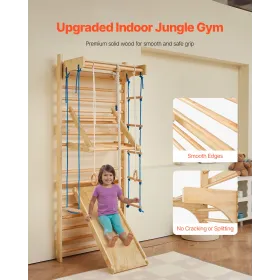VEVOR Swedish Ladder Wall Gym, 8-in-1 15 Levels Solid Wood Indoor Jungle Gym, 220LBS Wall Stall Bars Climbing Playset with Wall 