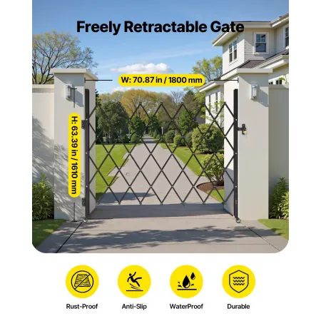 VEVOR Single Folding Security Gate, Lockable Scissor Gate with 360° Swivel Casters, Outdoor Barricade Steel Retractable Gates, f