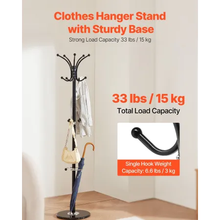 VEVOR Freestanding Coat Rack, Metal Coats Rack Stand with Umbrella Holder, Stable Marble Base & 14 Hooks, Hall Coat Tree for Ent