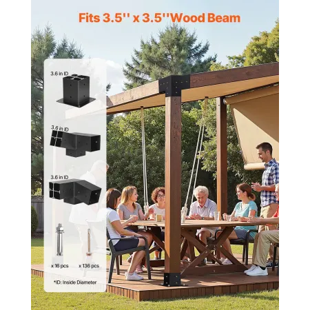 VEVOR Pergola Kit, 4x4 Inch 3-Way Slanted Bracket for 92 x 92 mm Wood Beams in Actual Size, Carbon Steel Pergola Bracket with Sc