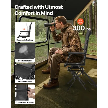 Hunting Chair, 360° Silent Swivel, Foldable Lightweight Portable Blind Chair, Heavy-Duty Steel Frame Ground Stool Seat, with Arm