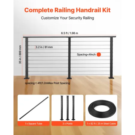 198 cm Complete Cable Railing Kit with Post, 89 cm Tall Matte Black Stainless Steel Handrail Cuttable for Outdoor/Indoor Steps, 