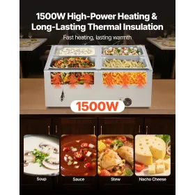 VEVOR Commercial Food Warmer, 1500W Electric Stainless Steel Steam Food Warmer with Lid, 4-Pan Fast Heating Countertop Buffet Ba
