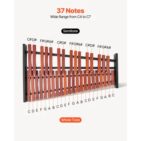 VEVOR Glockenspiel Xylophone, 37 Notes, Wooden Professional Xylophone Percussion Instrument, with Height Adjustable Stand, 4 Mal