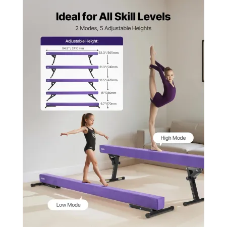 VEVOR Adjustable Balane Beam for Kids, 8FT Gymnastics Beam, High and Low Floor Beams of 5 Adjustable Heights for All Gymnastic L