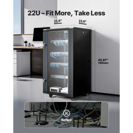 22U Network Cabinet Wall Mount, 600 mm Depth, 136 kg Max Load Capacity Server Cabinet Rack Enclosure with Locking Tempered Glass