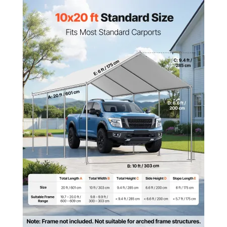 VEVOR Carport Replacement Canopy, 3 x 6 m Potable Garage Tent Top Tarp, UV-Resistant & Waterproof Car Shelter Tarp, Heavy Duty C