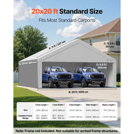 VEVOR Carport Replacement Canopy, 6 x 6 m Potable Garage Tent Top Tarp with Sidewalls, UV-Resistant & Waterproof, Heavy Duty Car