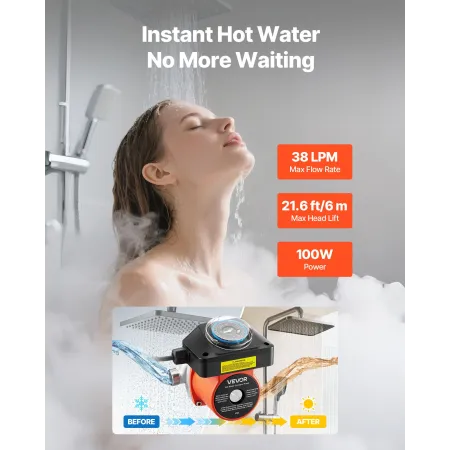 Hot Water Recirculating Pump, with Timer, 38 LPM Instant Recirculation Pump Kit, Circulation Circulator System, 100W AC 220-240V
