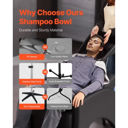 Portable Shampoo Bowl, Shampoo Sink with Adjustable Height & Angle, Salon Hair Wash Sink with Drain Hose and Star-Shaped Support