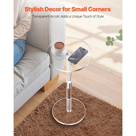 VEVOR Acrylic Drink Table, Clear End Table Round Top with Solid Post, Modern Acrylic Cake Table Stand, Transparent Side Desk for