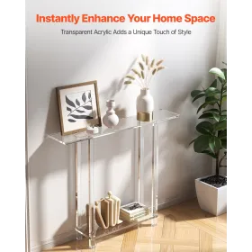 VEVOR Acrylic Console Table, 2 Tiers Narrow Side Desk with Bottom Open Storage, Modern Rectangle Acrylic End Table, Transparent 