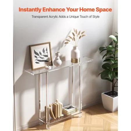 VEVOR Acrylic Console Table, 2 Tiers Narrow Side Desk with Bottom Open Storage, Modern Rectangle Acrylic End Table, Transparent 