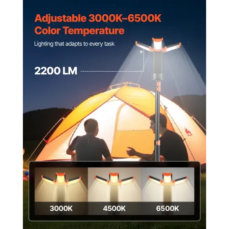 LED Work Light with Stand, 8Ah, Rechargeable Cordless Camping Light, with 3 Lamp Heads, Detachable Tripod Stand, 2200 Lumens 300