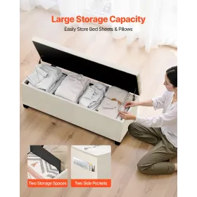 Storage Ottoman Bench, Button-Tufted End of Bed Bench with Side Bags, Flip-up Upholstered Storage Chest with Metal Frame, Linen 