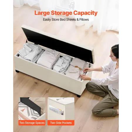 Storage Ottoman Bench, Button-Tufted End of Bed Bench with Side Bags, Flip-up Upholstered Storage Chest with Metal Frame, Linen 