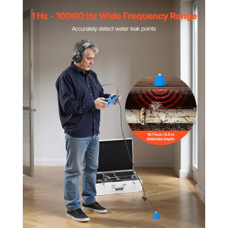 VEVOR Pipe Water Leak Detector for Indoors, 1Hz-10000Hz, LCD Touchscreen Plumbing Water Leakage Detection Locator with Horizonta