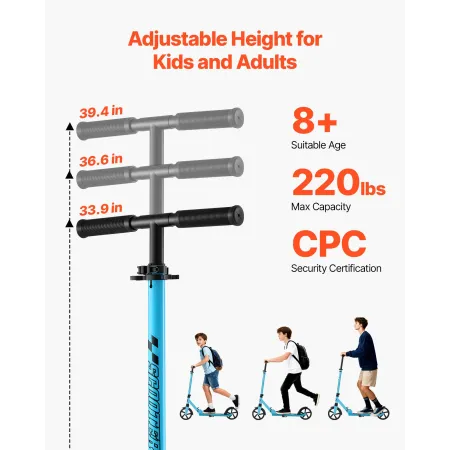 VEVOR Kick Scooter for Kids Ages 8+, Teens & Adults, 2-Wheel Toddler Scooter with Adjustable Height Handlebar, Wide Anti-Slip De