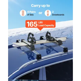 Ski & Snowboard Roof Rack, Carry up to 4 Pairs of Skis or 2 Snowboards, 2 PCS Aluminum Universal Car Roof Rack with Lock & Rubbe
