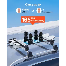 Ski & Snowboard Roof Rack, Carry up to 6 Pairs of Skis or 4 Snowboards, 2 PCS Aluminum Universal Car Roof Rack with Lock & Rubbe