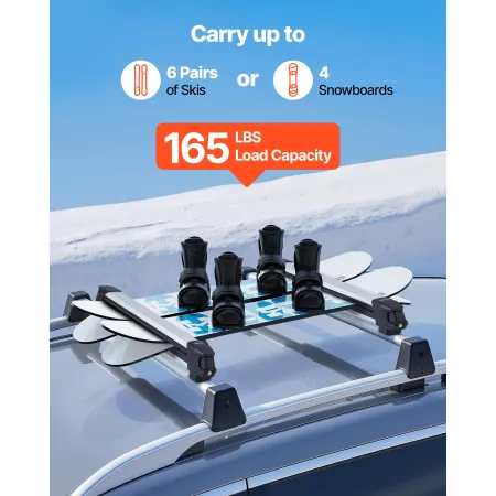 Ski & Snowboard Roof Rack, Carry up to 6 Pairs of Skis or 4 Snowboards, 2 PCS Aluminum Universal Car Roof Rack with Lock & Rubbe