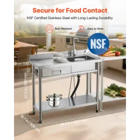 VEVOR Stainless Steel Utility Sink, Free Standing Single Bowl Commercial Kitchen Sink with Drawer, Faucet and Hot & Cold Water P