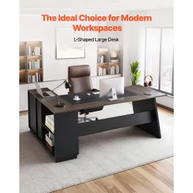 VEVOR L-Shaped Executive Desk, Large Modern Office Table with Drawers and Storage Cabinet, Heavy Duty Wooden Executive Table, 15