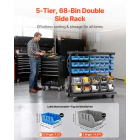 5-Tier Double-Sided Rolling Bin Storage Rack, 68 Plastic Bins, Dual-Sided Parts Organizer with Wheels, Mobile Tool Organizer for