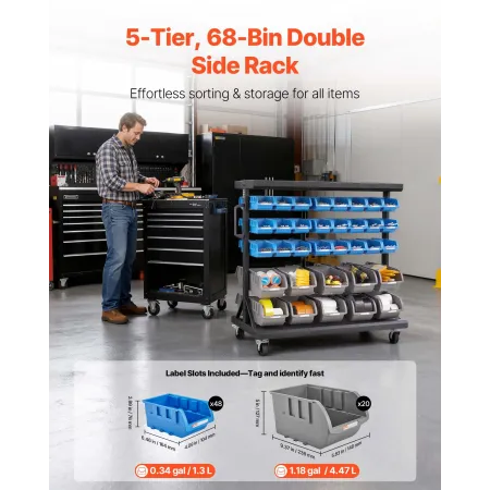 VEVOR 5-Tier Double-Sided Rolling Bin Storage Rack, 68 Plastic Bins, Dual-Sided Parts Organizer with Wheels, Mobile Tool Organiz