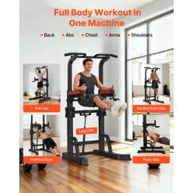VEVOR Pull Up Bar, 150 kg Power Tower Dip Station, Workout Dip Station med H-formet stabil base og Assistance Platform,
