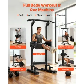 Pull Up Bar, 150kg Power Tower Dip Station, Workout Dip Station with H-Shaped Stable Base & Back Pad, Adjustable 12 Level Height