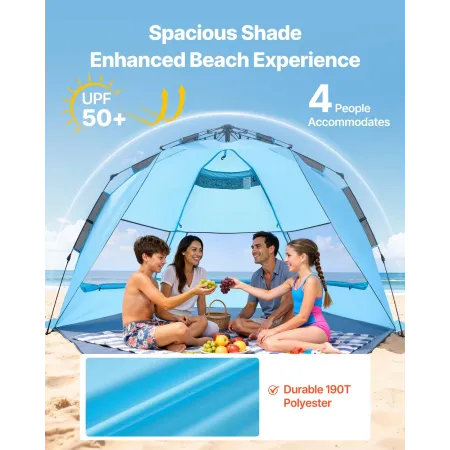 Beach Tent Sun Shelter for 4 Person, Pop Up Beach Tent UPF 50+ Protection, Portable Sun Shade Canopy with Carrying Bag and Sand 