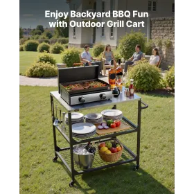 Outdoor Grill Cart, 800 x 610mm Stainless Steel Tabletop Size Grilling Table, Outdoor Cooking Table with 4 Wheels & Side Handle,