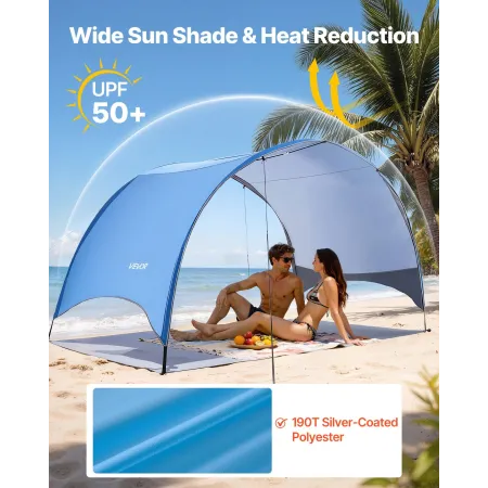 VEVOR Beach Tent Sun Shelter for 4 Person, UPF 50+ Protection, Portable Sun Shade Canopy with Carrying Bag & Ground Stakes, Ligh