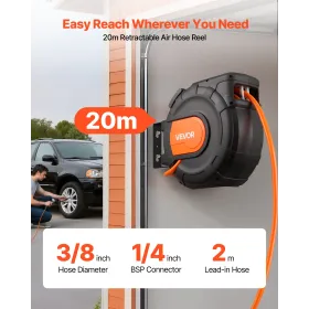 Retractable Air Hose Reel, 20m x 9.5mm PVC Air Hose Max 300PSI, Enclosed Air-Compressor Hoses Reel Auto Rewind with 2m Lead in, 