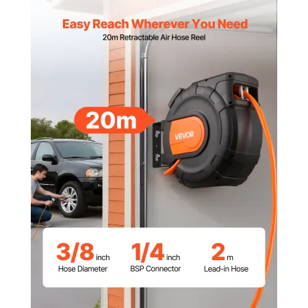 Retractable Air Hose Reel, 20m x 9.5mm PVC Air Hose Max 300PSI, Enclosed Air-Compressor Hoses Reel Auto Rewind with 2m Lead in, 