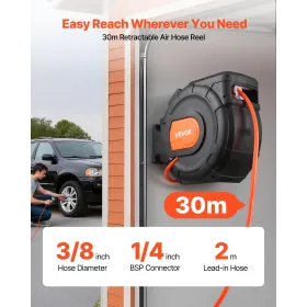 Retractable Air Hose Reel, 30m x 9.5mm PVC Air Hose Max 300PSI, Enclosed Air-Compressor Hoses Reel Auto Rewind with 2m Lead in, 