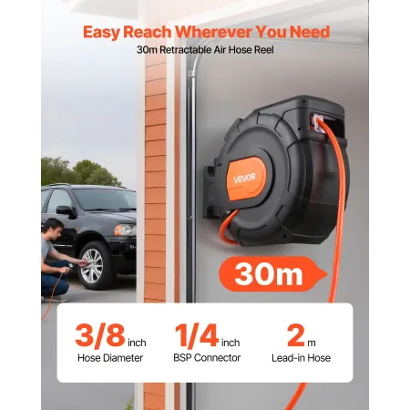 Retractable Air Hose Reel, 30m x 9.5mm PVC Air Hose Max 300PSI, Enclosed Air-Compressor Hoses Reel Auto Rewind with 2m Lead in, 