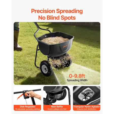 Walk Behind spreder, 60 LBS kapacitet, skubbespreder med