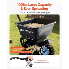 VEVOR Lawn Spreader, 100LBS Capacity, Walk-Behind Push Spreader, 0-9.8ft Spreading Width, 13 in All Terrain Pneumatic Tires, Fer