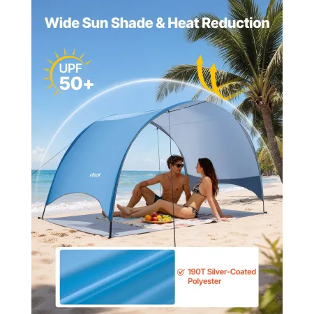 VEVOR Beach Tent Sun Shelter for 3 Person, UPF 50+ Protection, Portable Sun Shade Canopy with Carrying Bag & Ground Stakes, Ligh