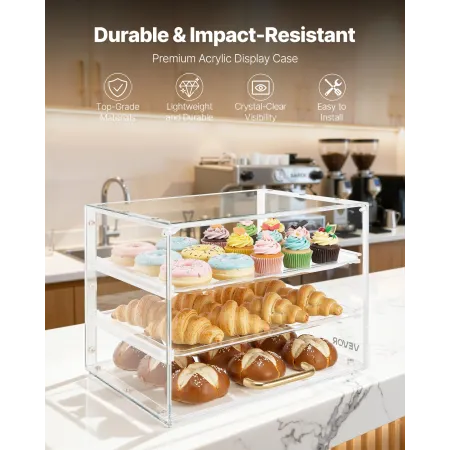 Bakery Display Case, 3-Tier Commercial Countertop Pastry Display Case, Clear Acrylic Bread Box for Kitchen, Party Cake Cabinet w