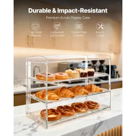 Bakery Display Case, 3-Tier Commercial Countertop Pastry Display Case, Clear Acrylic Bread Box for Kitchen, Party Cake Cabinet w
