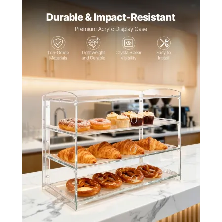 Bakery Display Case, 3-Tier Commercial Countertop Pastry Display Case, Clear Acrylic Bread Box for Kitchen, Party Cake Cabinet w