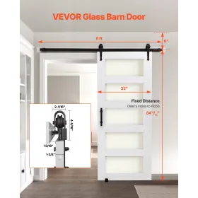 Sliding Barn Door, 813 x 2134mm, High-Strength MDF Panel and Glass, Barn Door with Hardware Kit, Water-Proof PVC Surface, Easy t
