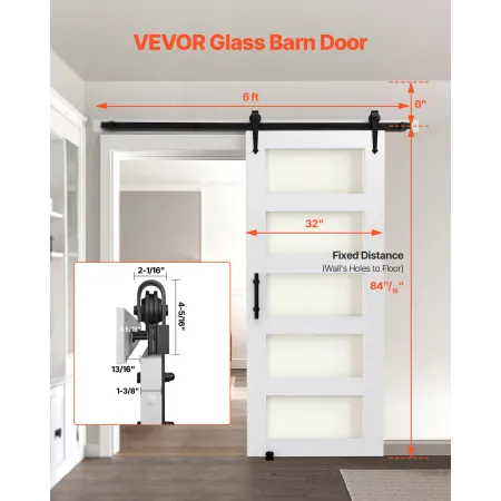 VEVOR Sliding Barn Door, 813 x 2134mm, High-Strength MDF Panel and Glass, Barn Door with Hardware Kit, Water-Proof PVC Surface, 