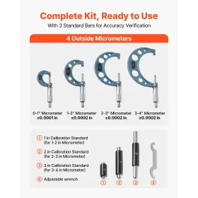 VEVOR 4 PCS Micrometer Set, 0–1/1–2/2–3/3–4 in Machinist Outside Micrometer, Ultra-Precision Accuracy, Professional Machinist To